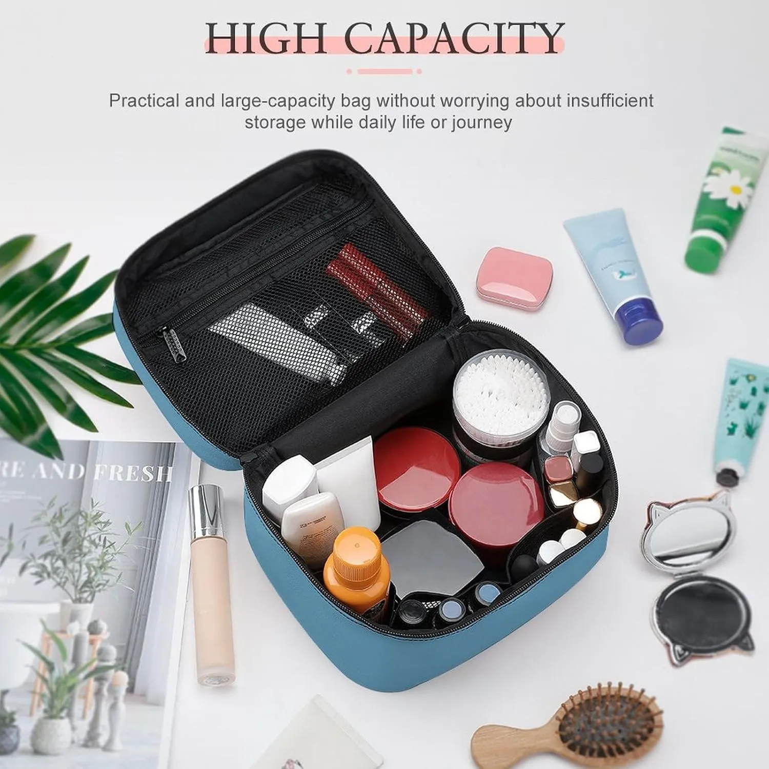 Leather Cosmetic Case, Dusty Blue Portable Makeup Bag Organizer Large Capacity Travel Toiletry Bag with Zipper