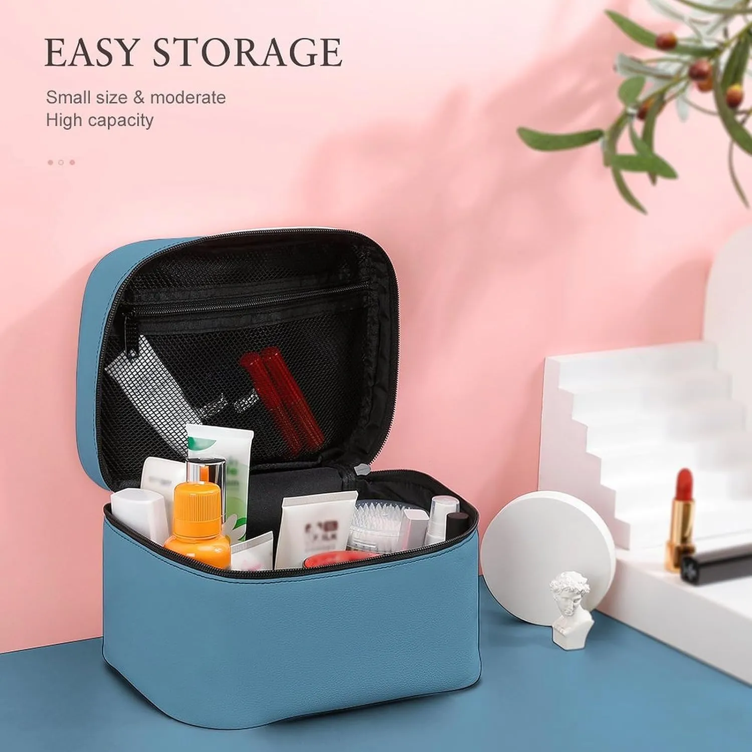 Leather Cosmetic Case, Dusty Blue Portable Makeup Bag Organizer Large Capacity Travel Toiletry Bag with Zipper