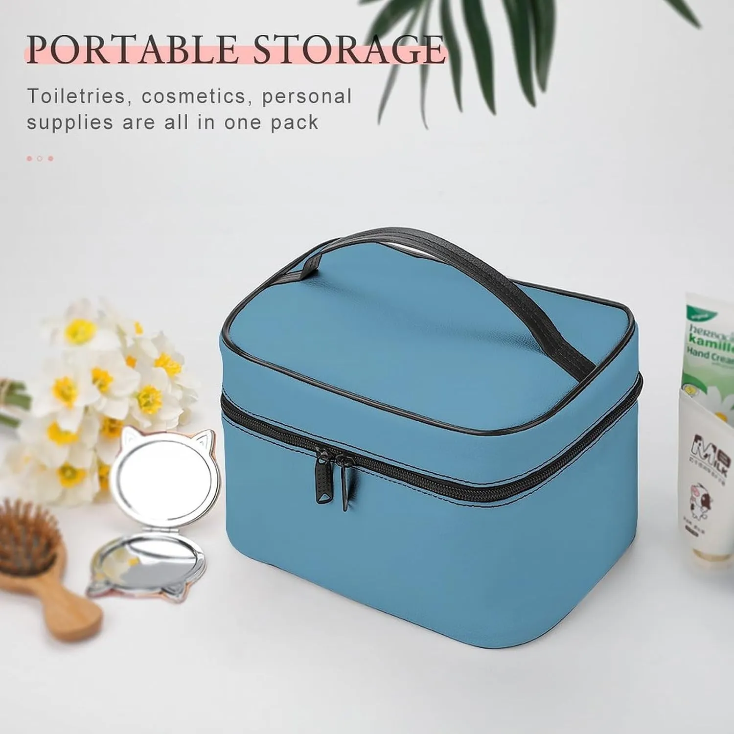 Leather Cosmetic Case, Dusty Blue Portable Makeup Bag Organizer Large Capacity Travel Toiletry Bag with Zipper