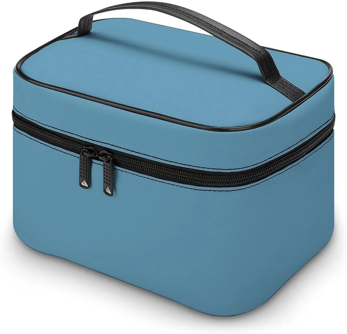 Leather Cosmetic Case, Dusty Blue Portable Makeup Bag Organizer Large Capacity Travel Toiletry Bag with Zipper