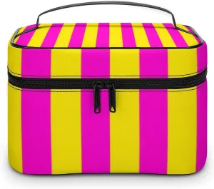 Leather Cosmetic Case, Hot Pink and Yellow Stripes Portable Makeup Bag Organizer Large Capacity Travel Toiletry Bag with Zipper