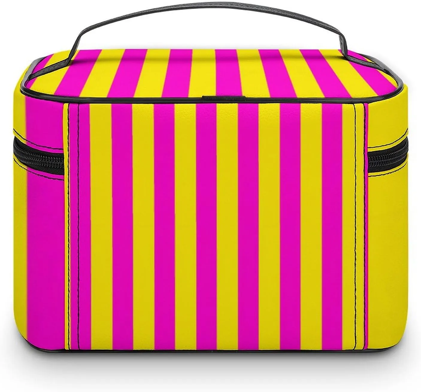 Leather Cosmetic Case, Hot Pink and Yellow Stripes Portable Makeup Bag Organizer Large Capacity Travel Toiletry Bag with Zipper