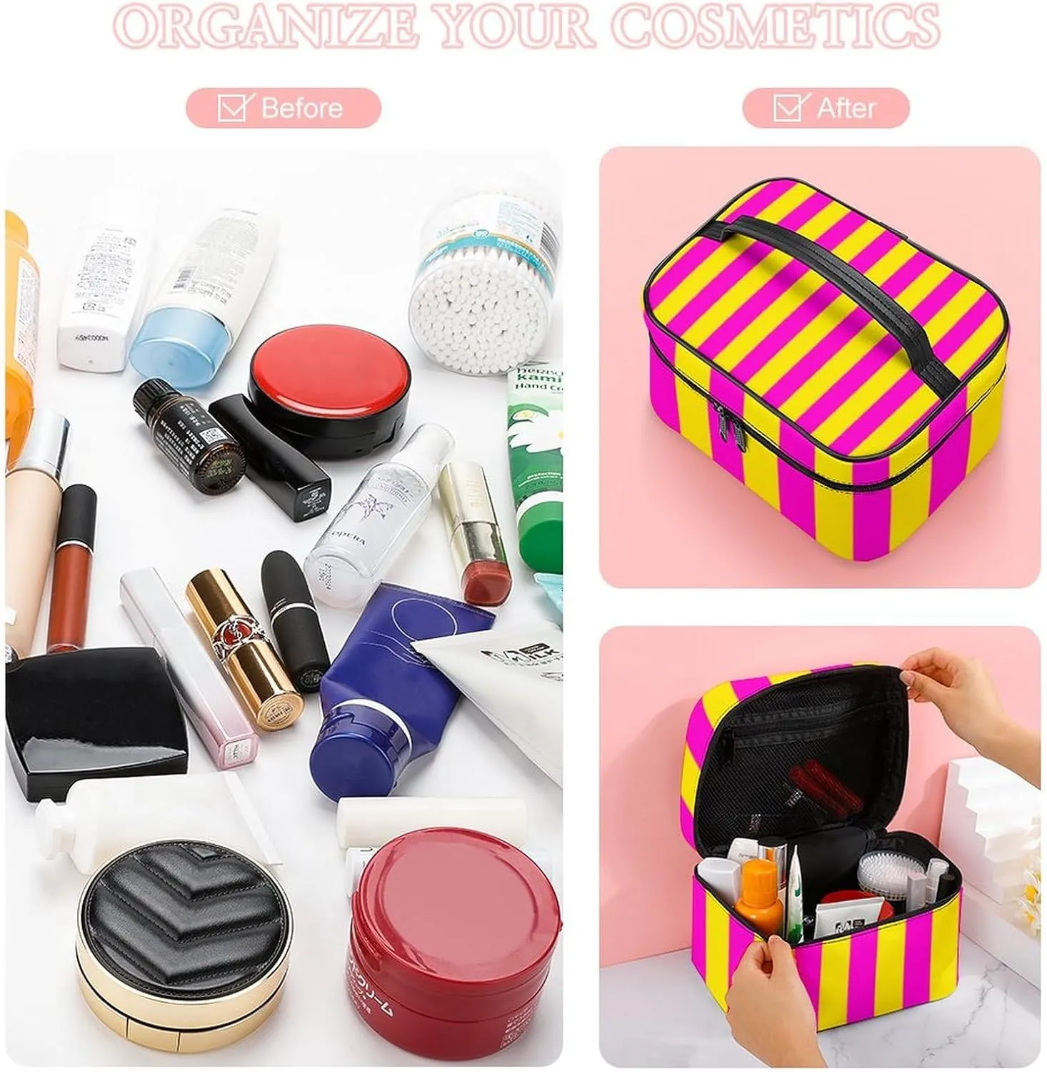Leather Cosmetic Case, Hot Pink and Yellow Stripes Portable Makeup Bag Organizer Large Capacity Travel Toiletry Bag with Zipper
