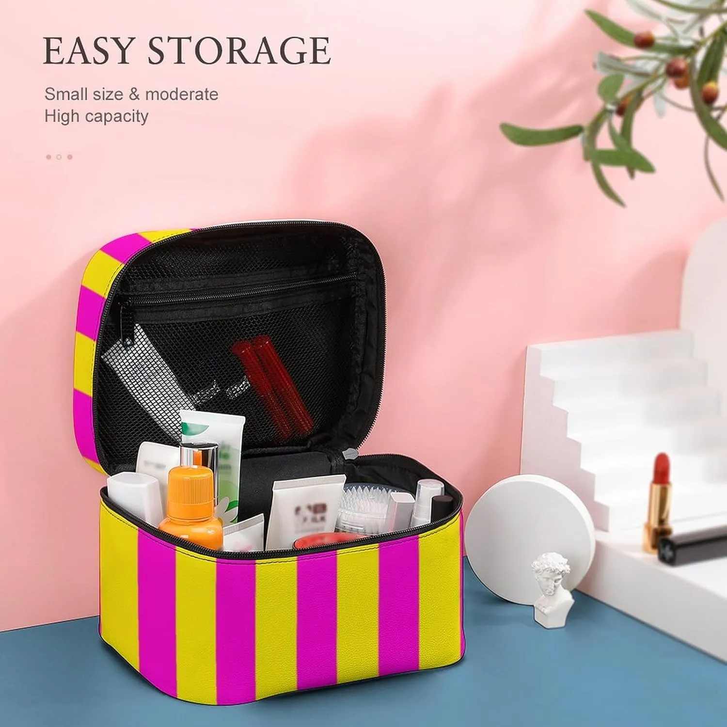 Leather Cosmetic Case, Hot Pink and Yellow Stripes Portable Makeup Bag Organizer Large Capacity Travel Toiletry Bag with Zipper