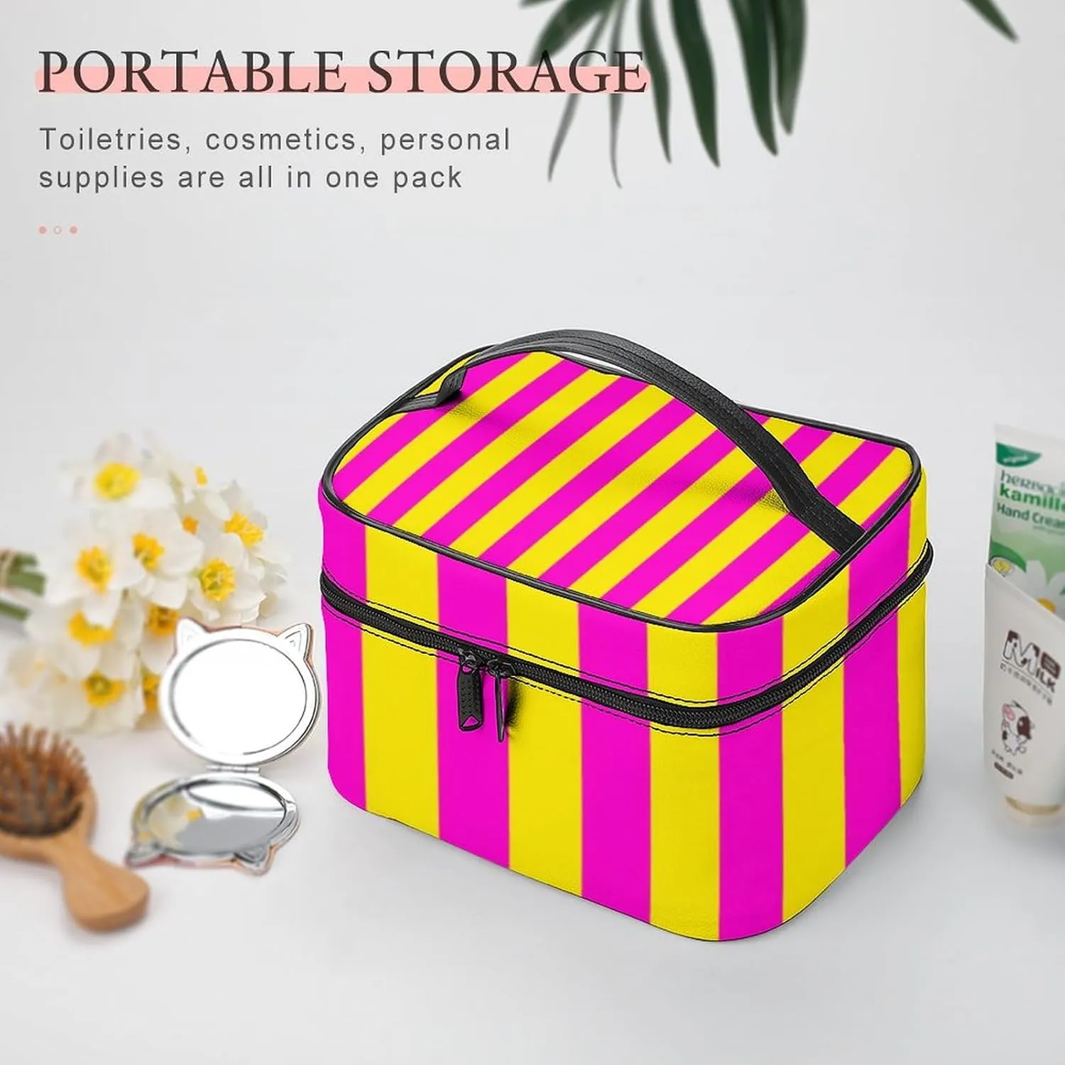 Leather Cosmetic Case, Hot Pink and Yellow Stripes Portable Makeup Bag Organizer Large Capacity Travel Toiletry Bag with Zipper