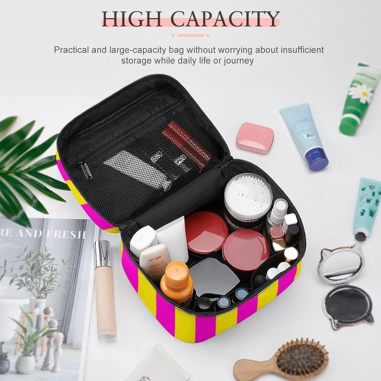 Leather Cosmetic Case, Hot Pink and Yellow Stripes Portable Makeup Bag Organizer Large Capacity Travel Toiletry Bag with Zipper