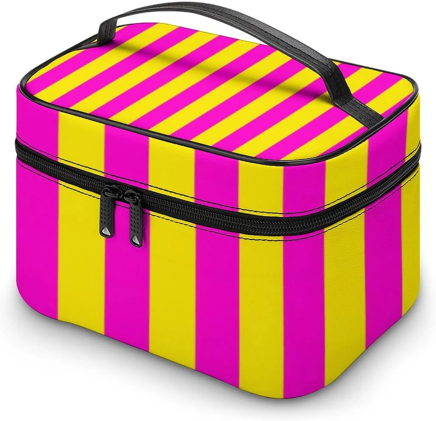 Leather Cosmetic Case, Hot Pink and Yellow Stripes Portable Makeup Bag Organizer Large Capacity Travel Toiletry Bag with Zipper