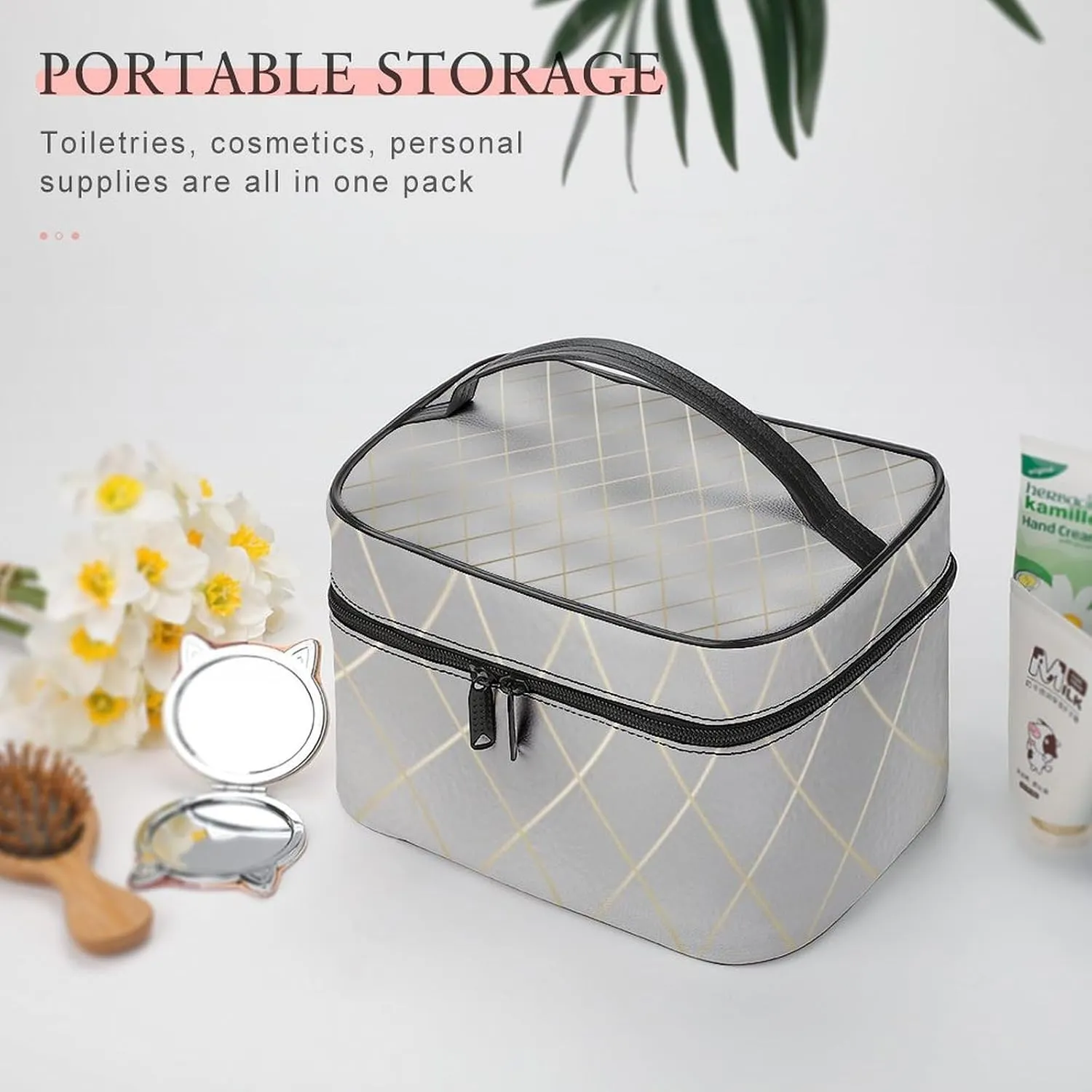 Leather Cosmetic Case, Luxury Silver Gold Lines Portable Makeup Bag Organizer Large Capacity Travel Toiletry Bag with Zipper