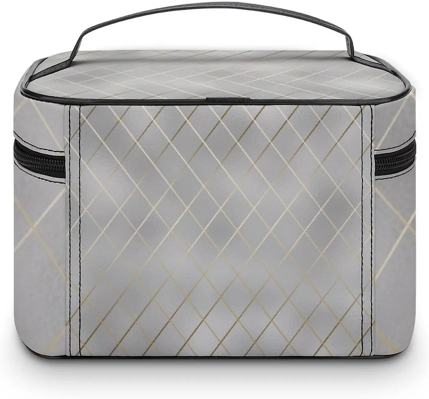 Leather Cosmetic Case, Luxury Silver Gold Lines Portable Makeup Bag Organizer Large Capacity Travel Toiletry Bag with Zipper