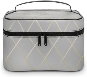 Leather Cosmetic Case, Luxury Silver Gold Lines Portable Makeup Bag Organizer Large Capacity Travel Toiletry Bag with Zipper
