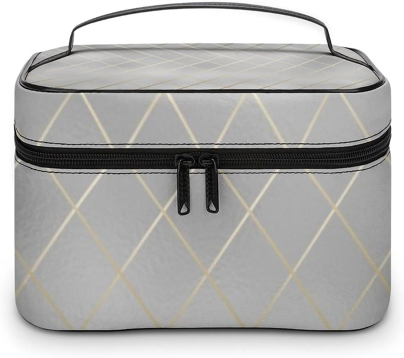 Leather Cosmetic Case, Luxury Silver Gold Lines Portable Makeup Bag Organizer Large Capacity Travel Toiletry Bag with Zipper