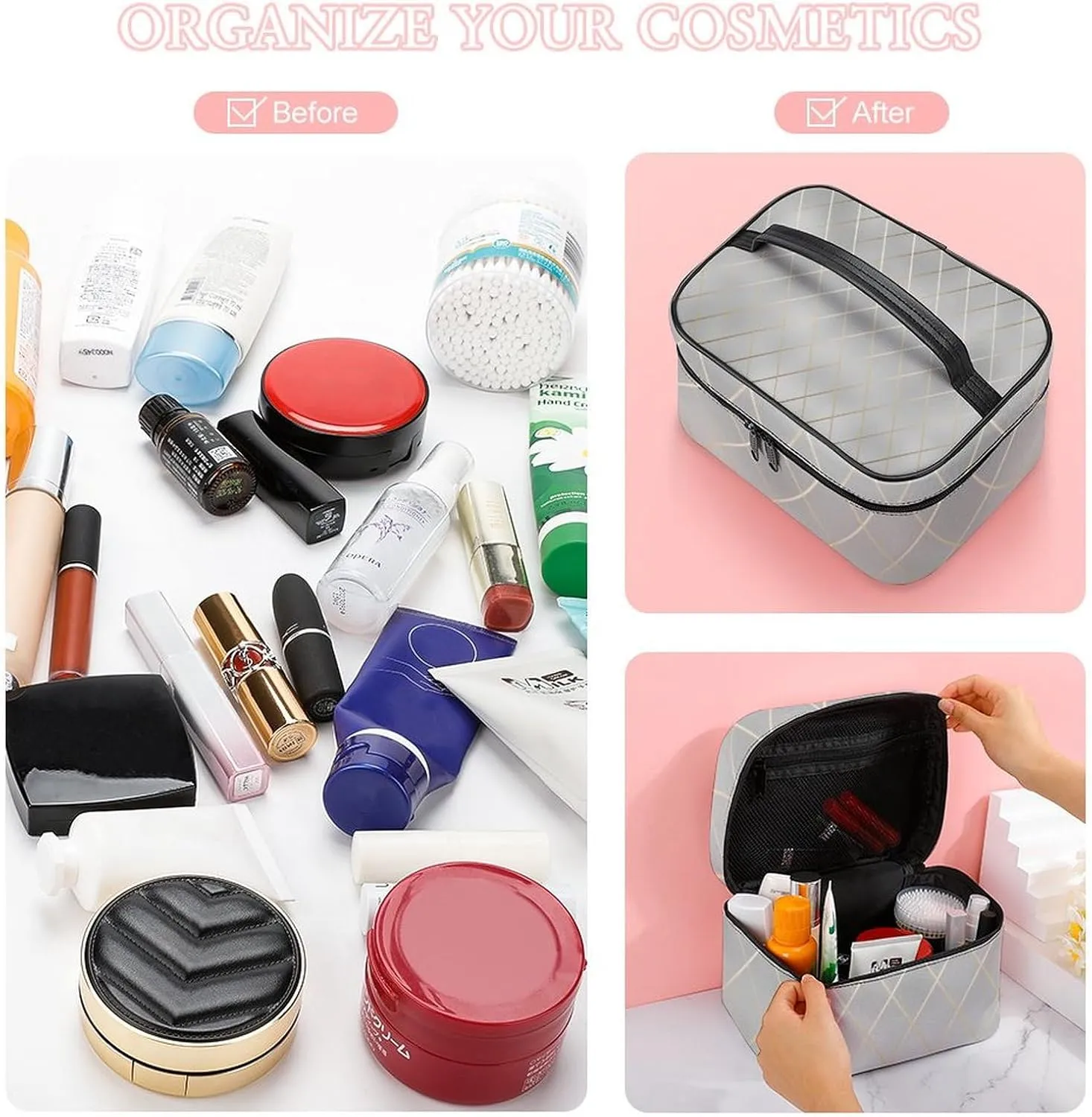 Leather Cosmetic Case, Luxury Silver Gold Lines Portable Makeup Bag Organizer Large Capacity Travel Toiletry Bag with Zipper