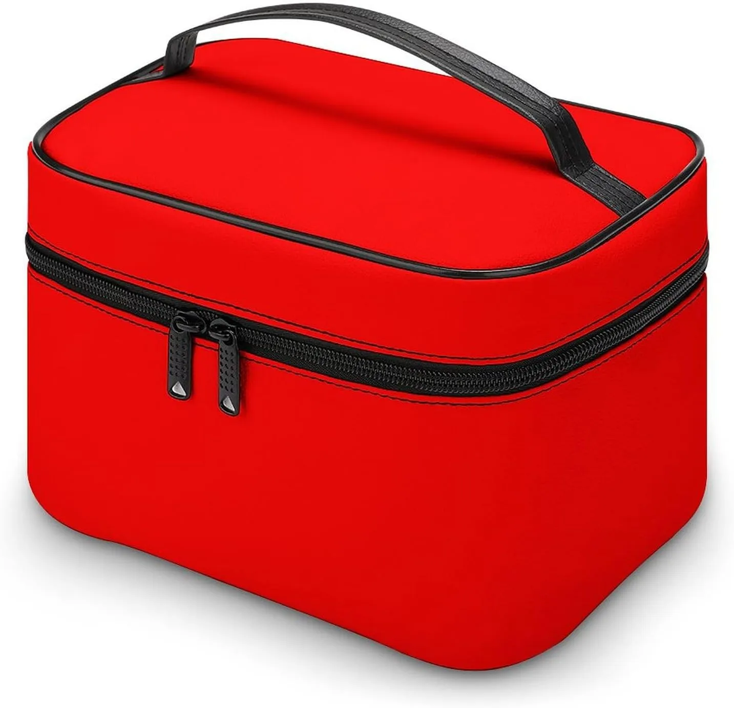 Leather Cosmetic Case, Neon Red Solid Color Classic Portable Makeup Bag Organizer Large Capacity Travel Toiletry Bag with Zipper