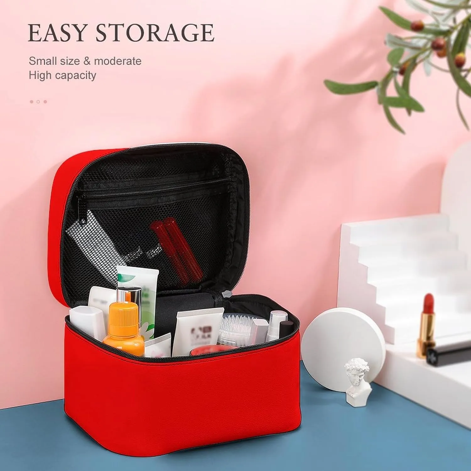 Leather Cosmetic Case, Neon Red Solid Color Classic Portable Makeup Bag Organizer Large Capacity Travel Toiletry Bag with Zipper
