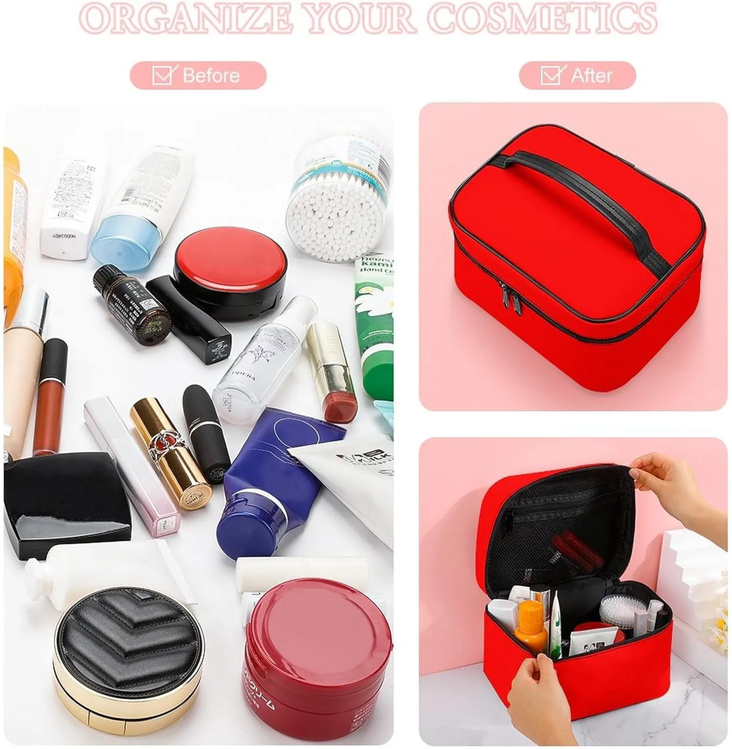 Leather Cosmetic Case, Neon Red Solid Color Classic Portable Makeup Bag Organizer Large Capacity Travel Toiletry Bag with Zipper