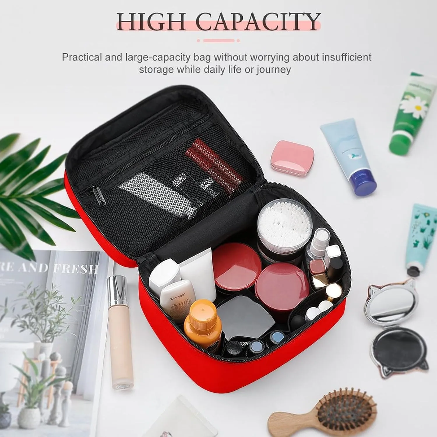 Leather Cosmetic Case, Neon Red Solid Color Classic Portable Makeup Bag Organizer Large Capacity Travel Toiletry Bag with Zipper