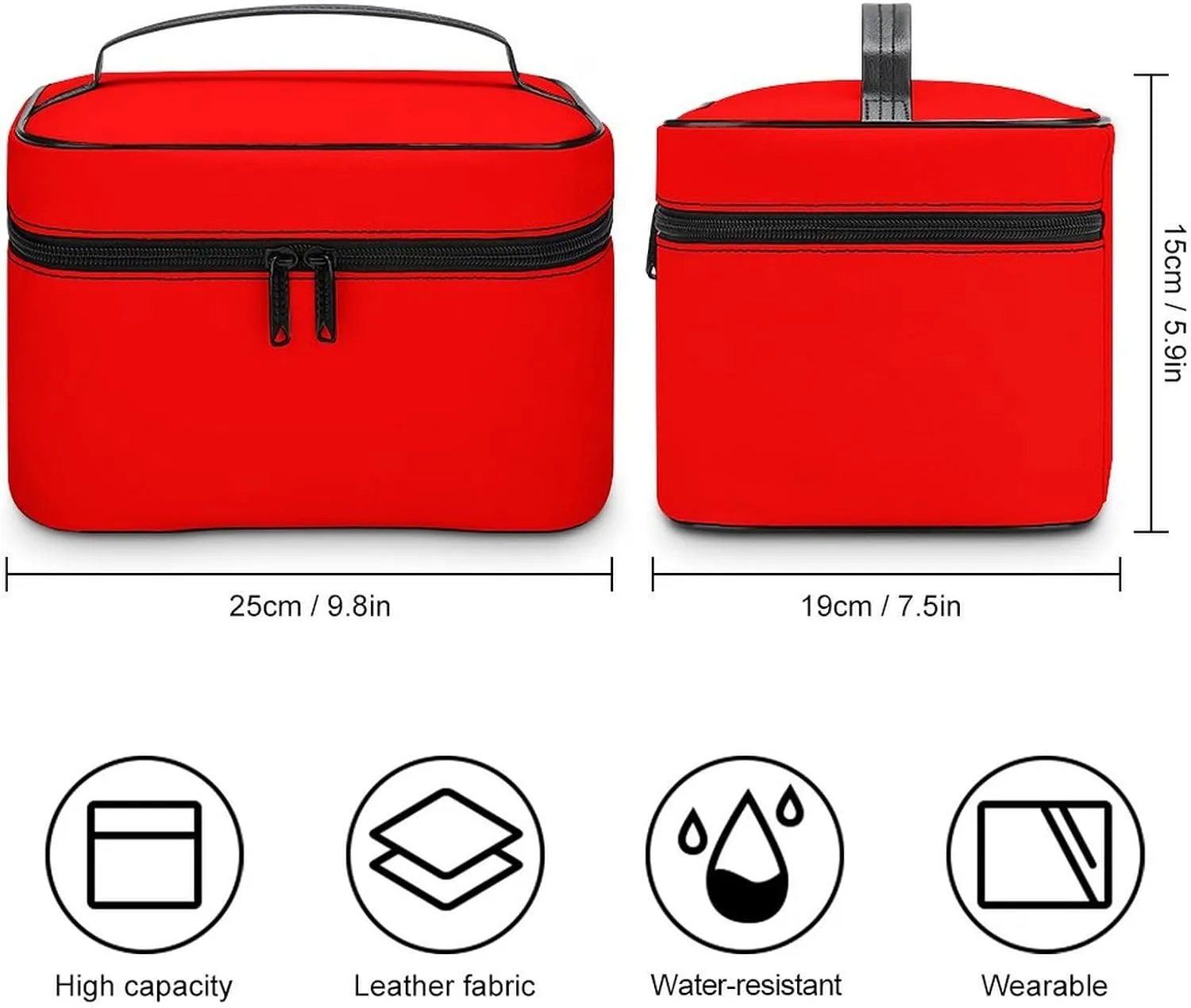 Leather Cosmetic Case, Neon Red Solid Color Classic Portable Makeup Bag Organizer Large Capacity Travel Toiletry Bag with Zipper