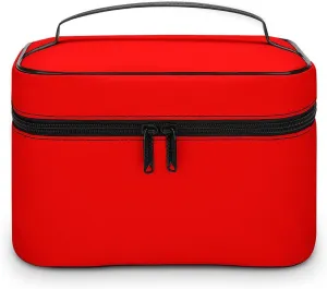 Leather Cosmetic Case, Neon Red Solid Color Classic Portable Makeup Bag Organizer Large Capacity Travel Toiletry Bag with Zipper