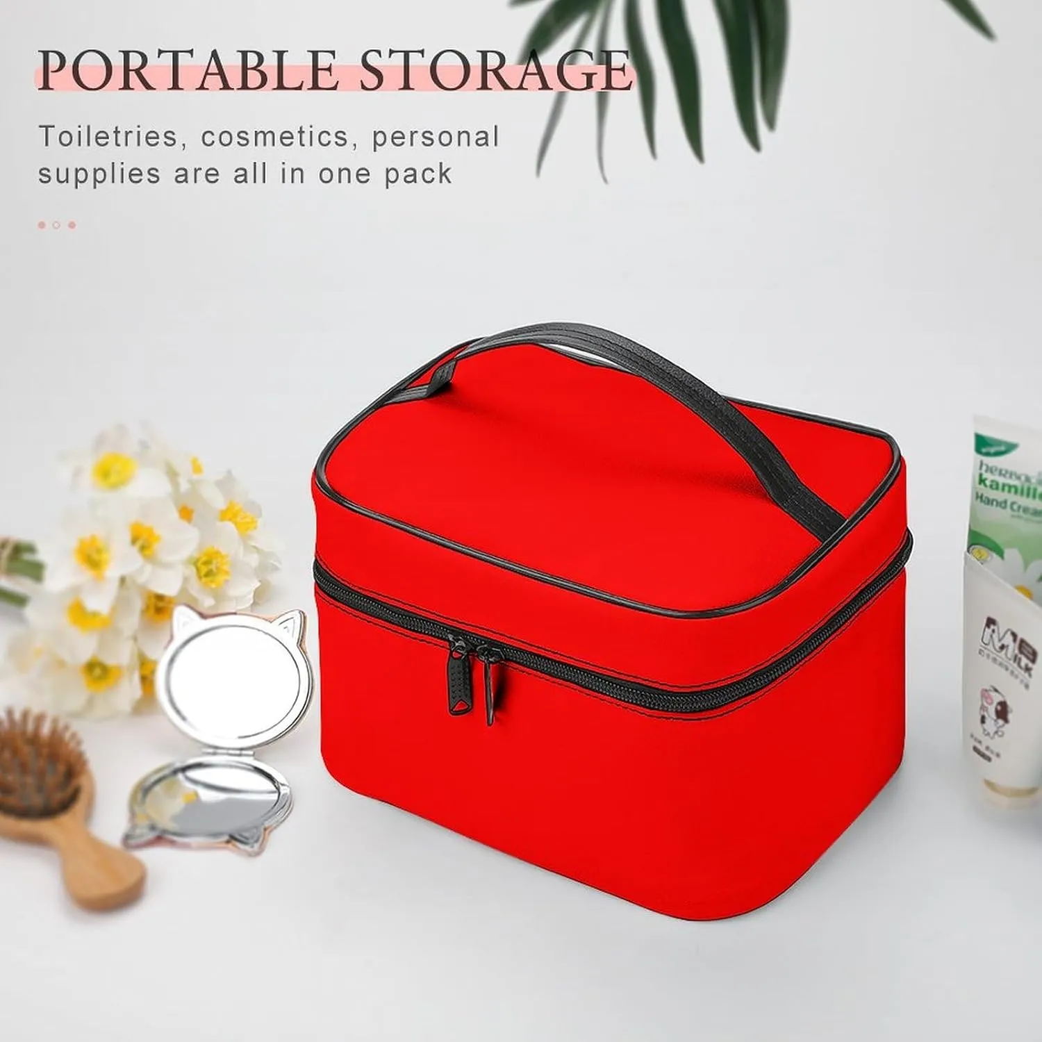 Leather Cosmetic Case, Neon Red Solid Color Classic Portable Makeup Bag Organizer Large Capacity Travel Toiletry Bag with Zipper