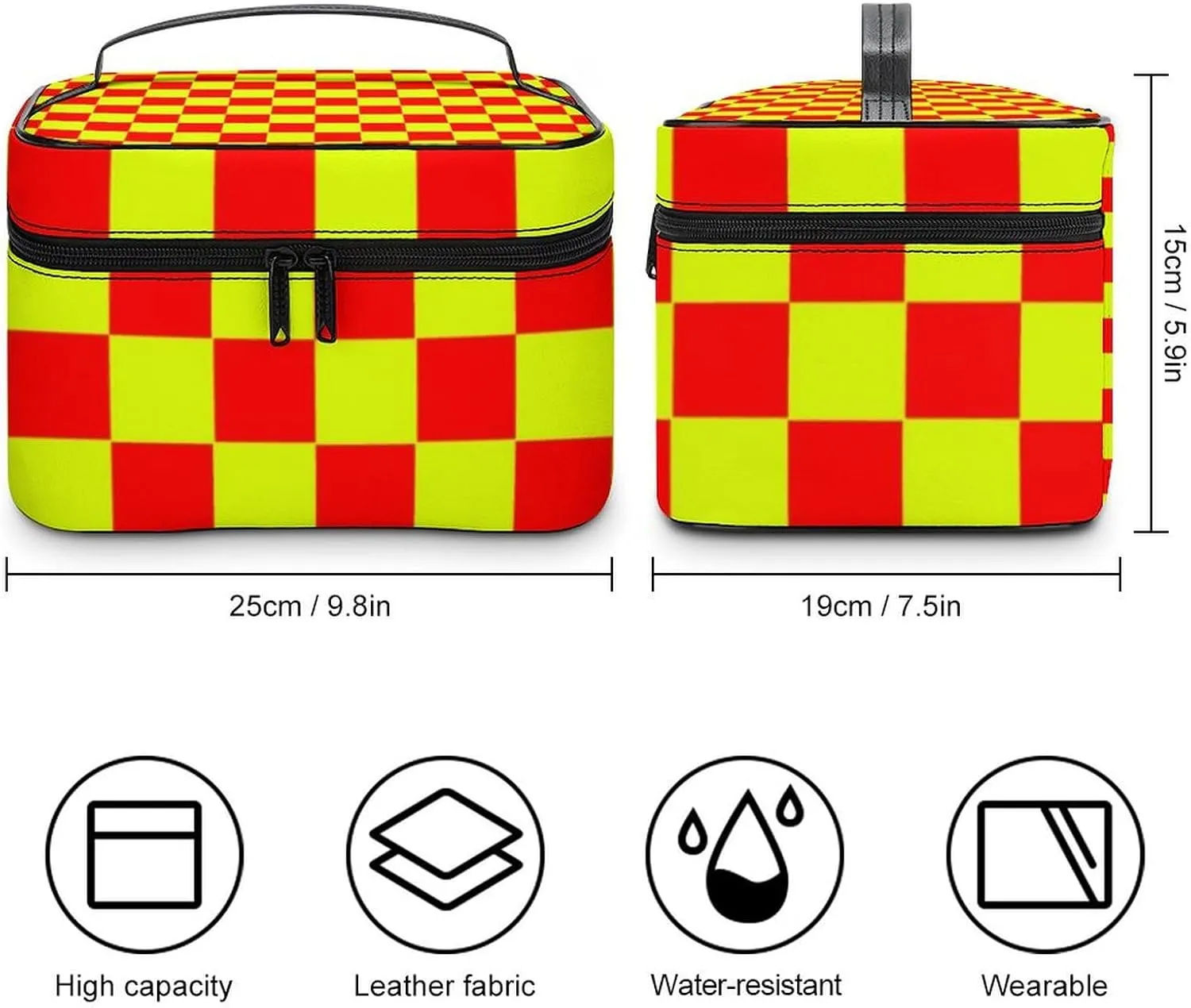 Leather Cosmetic Case, Neon Yellow and Red Checkered Portable Makeup Bag Organizer Large Capacity Travel Toiletry Bag with Zipper