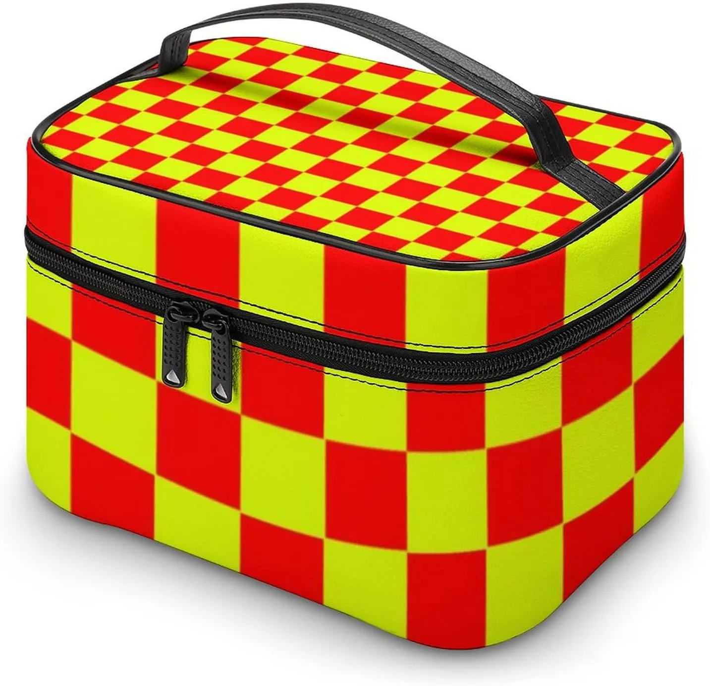 Leather Cosmetic Case, Neon Yellow and Red Checkered Portable Makeup Bag Organizer Large Capacity Travel Toiletry Bag with Zipper