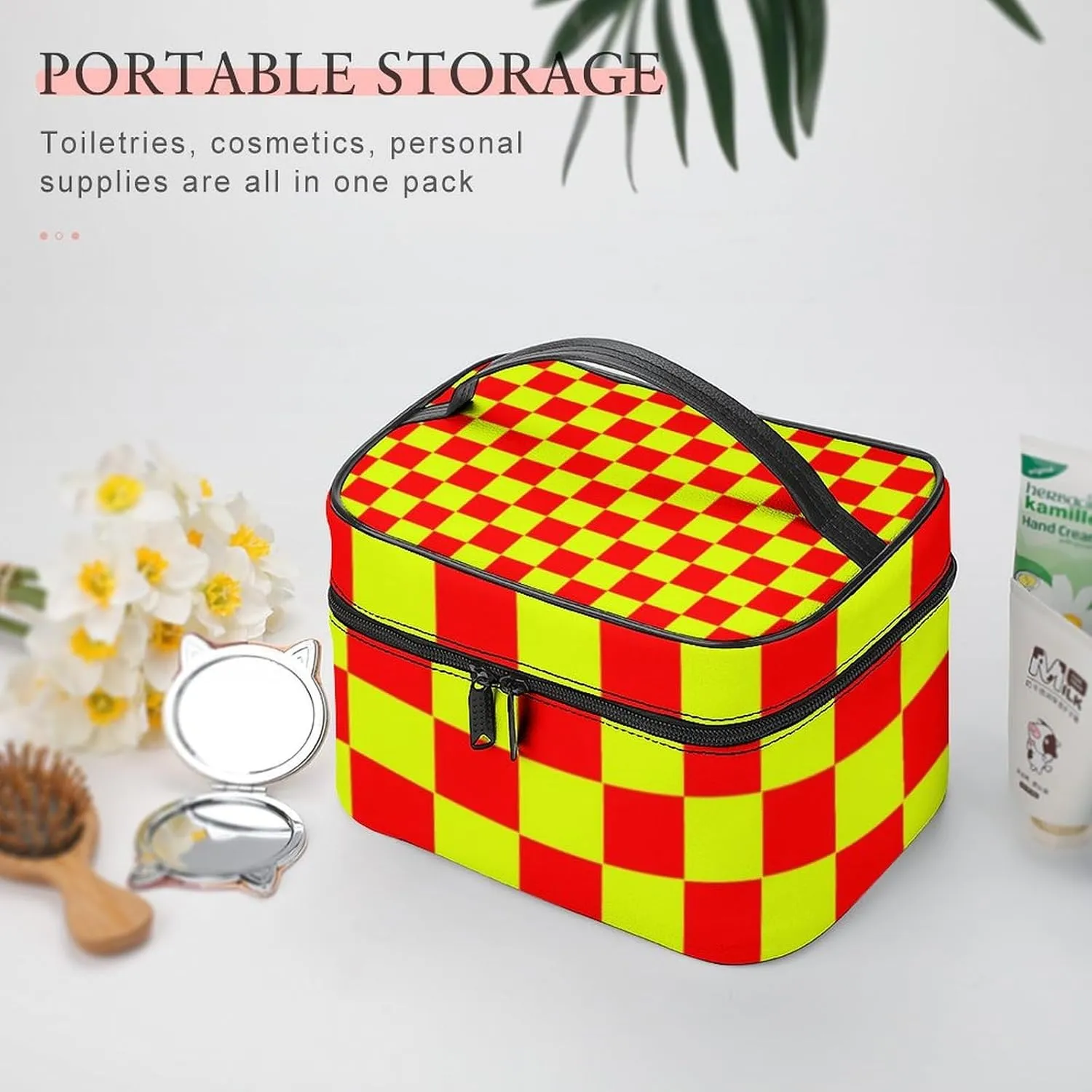 Leather Cosmetic Case, Neon Yellow and Red Checkered Portable Makeup Bag Organizer Large Capacity Travel Toiletry Bag with Zipper