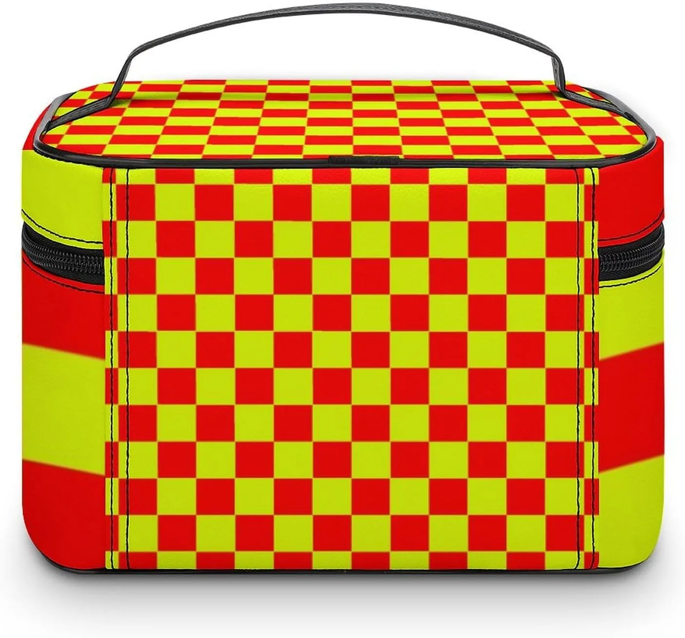 Leather Cosmetic Case, Neon Yellow and Red Checkered Portable Makeup Bag Organizer Large Capacity Travel Toiletry Bag with Zipper