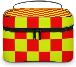 Leather Cosmetic Case, Neon Yellow and Red Checkered Portable Makeup Bag Organizer Large Capacity Travel Toiletry Bag with Zipper