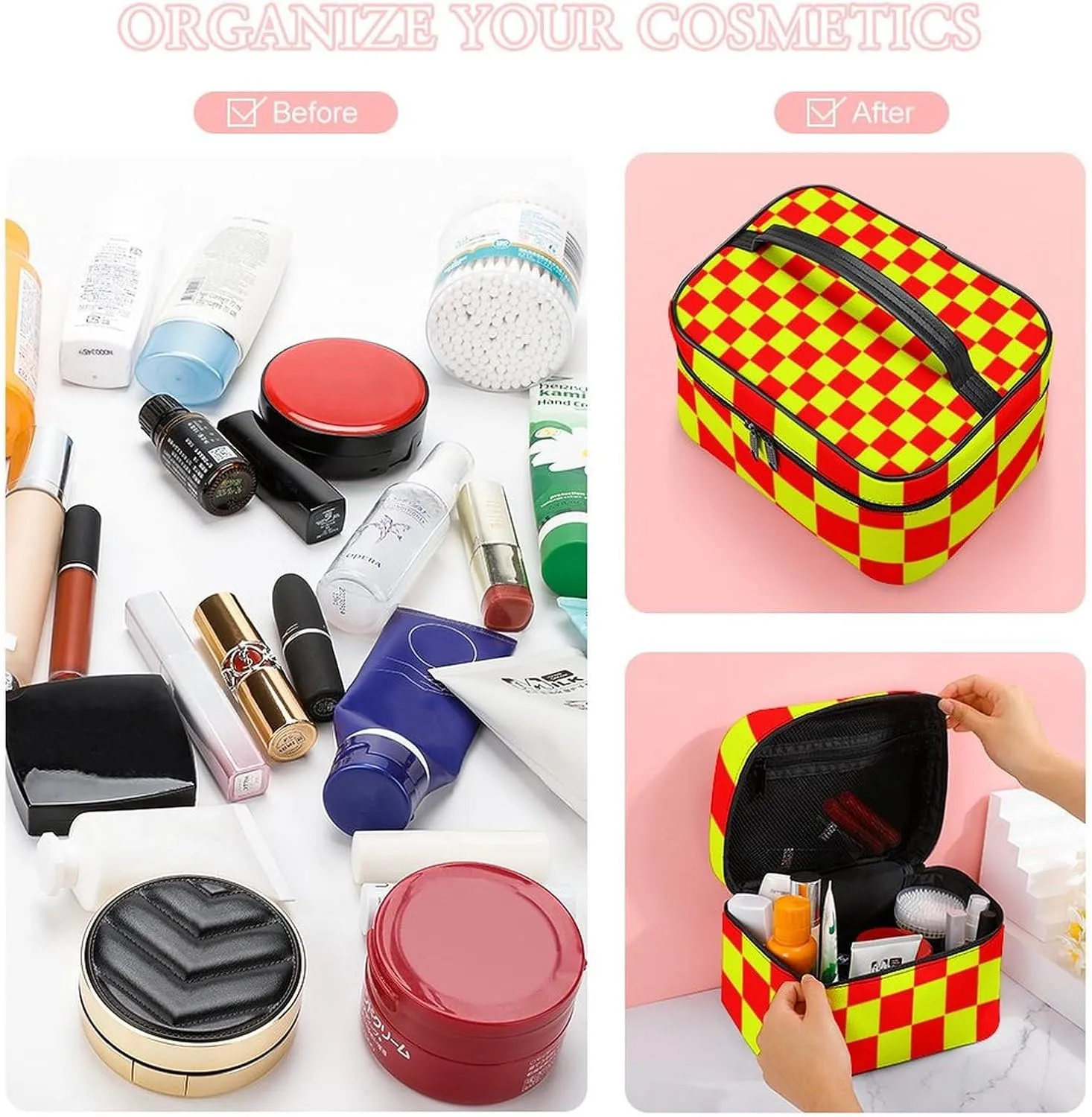 Leather Cosmetic Case, Neon Yellow and Red Checkered Portable Makeup Bag Organizer Large Capacity Travel Toiletry Bag with Zipper
