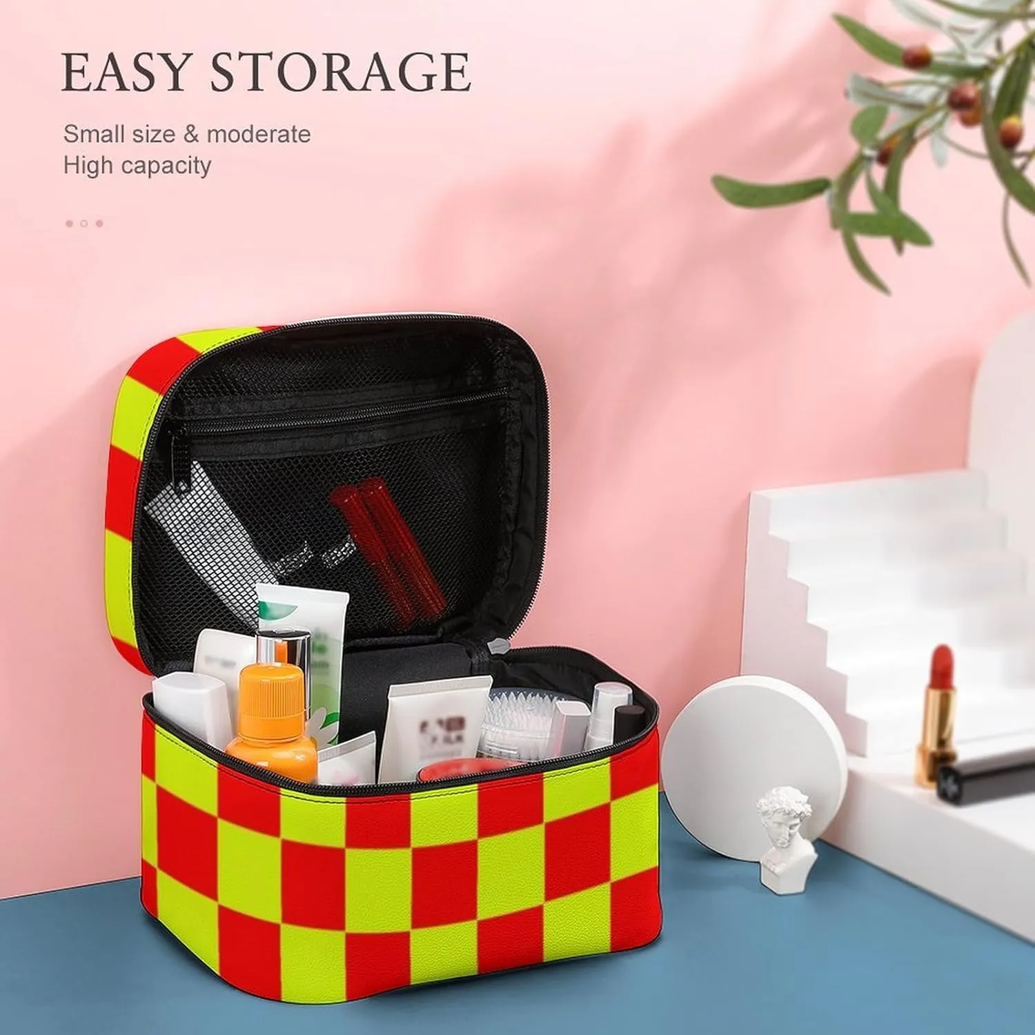 Leather Cosmetic Case, Neon Yellow and Red Checkered Portable Makeup Bag Organizer Large Capacity Travel Toiletry Bag with Zipper