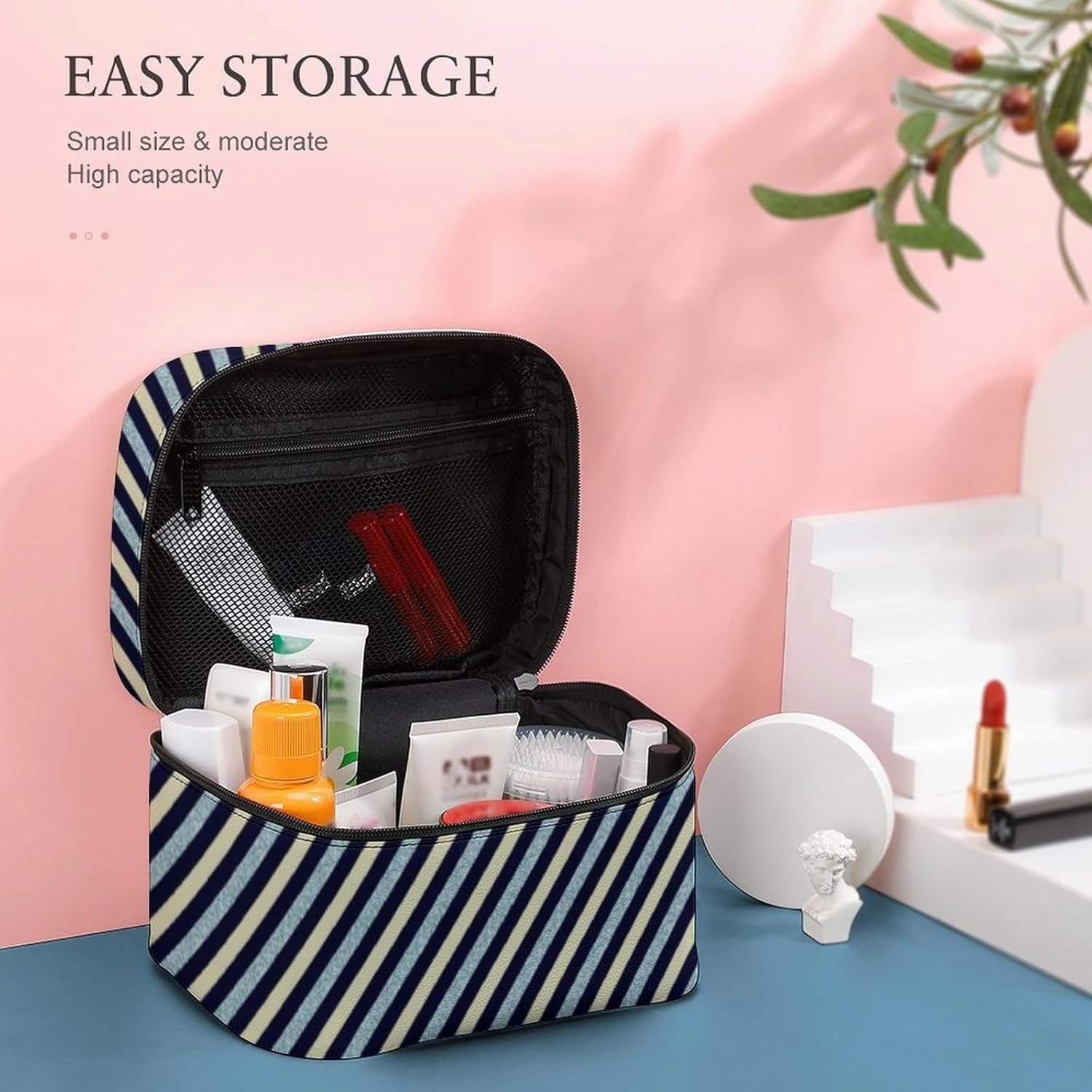 Leather Cosmetic Case, Blue Glitter Stripe Portable Makeup Bag Organizer Large Capacity Travel Toiletry Bag with Zipper