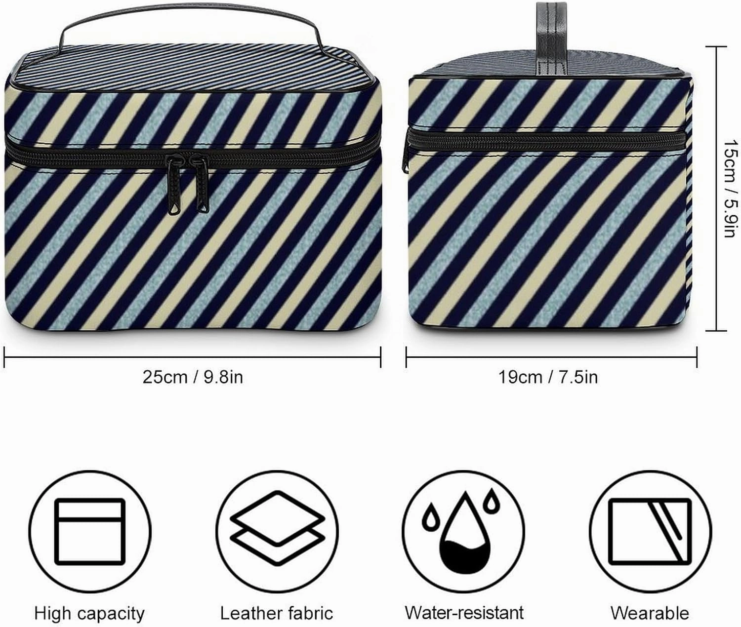 Leather Cosmetic Case, Blue Glitter Stripe Portable Makeup Bag Organizer Large Capacity Travel Toiletry Bag with Zipper
