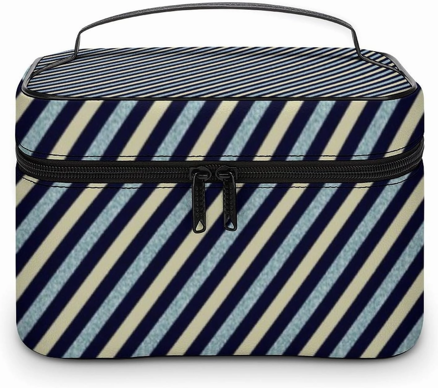 Leather Cosmetic Case, Blue Glitter Stripe Portable Makeup Bag Organizer Large Capacity Travel Toiletry Bag with Zipper
