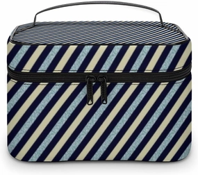 Leather Cosmetic Case, Blue Glitter Stripe Portable Makeup Bag Organizer Large Capacity Travel Toiletry Bag with Zipper