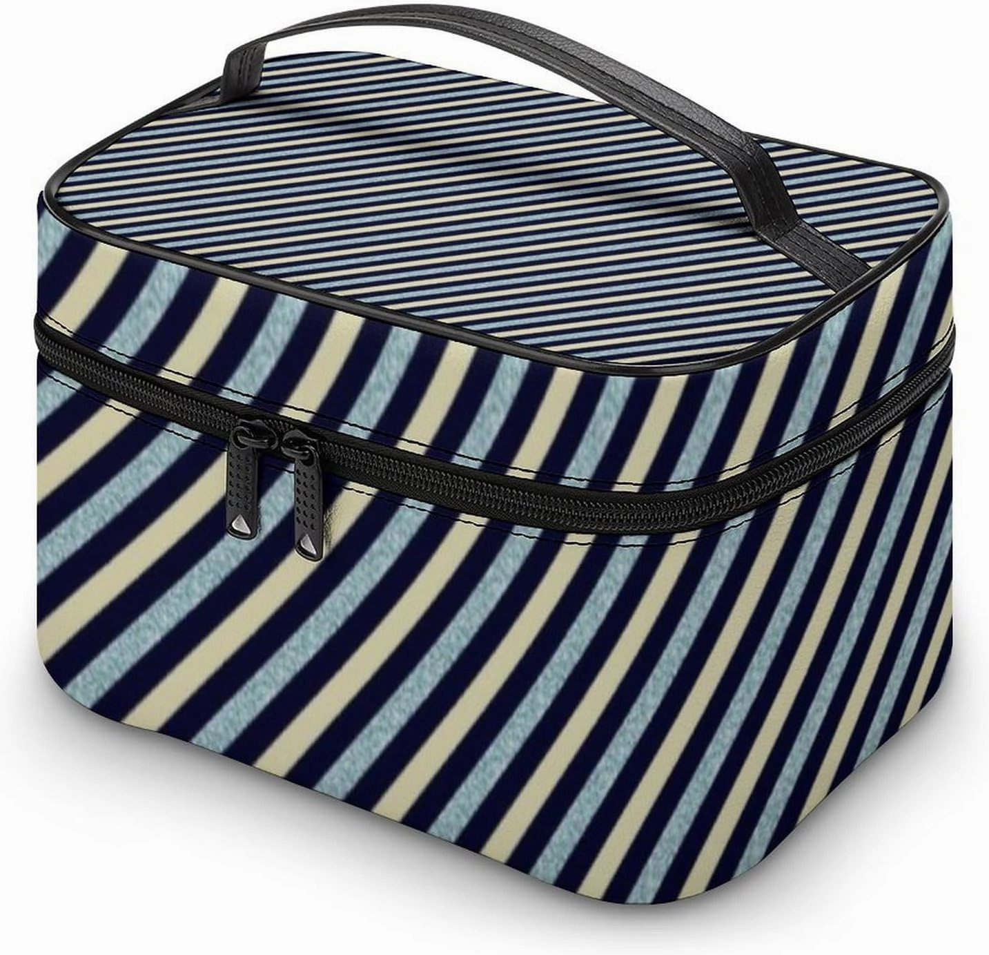 Leather Cosmetic Case, Blue Glitter Stripe Portable Makeup Bag Organizer Large Capacity Travel Toiletry Bag with Zipper