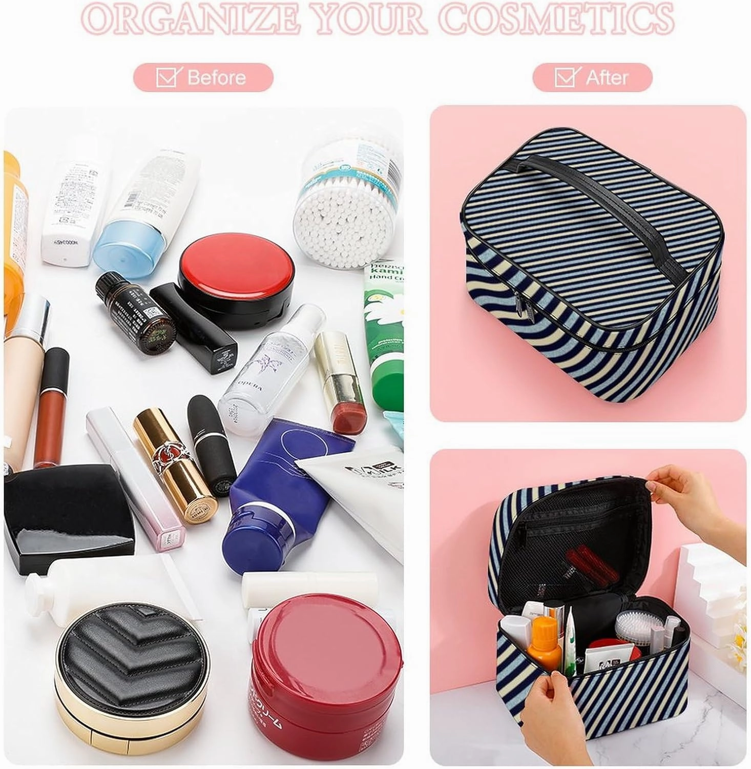 Leather Cosmetic Case, Blue Glitter Stripe Portable Makeup Bag Organizer Large Capacity Travel Toiletry Bag with Zipper
