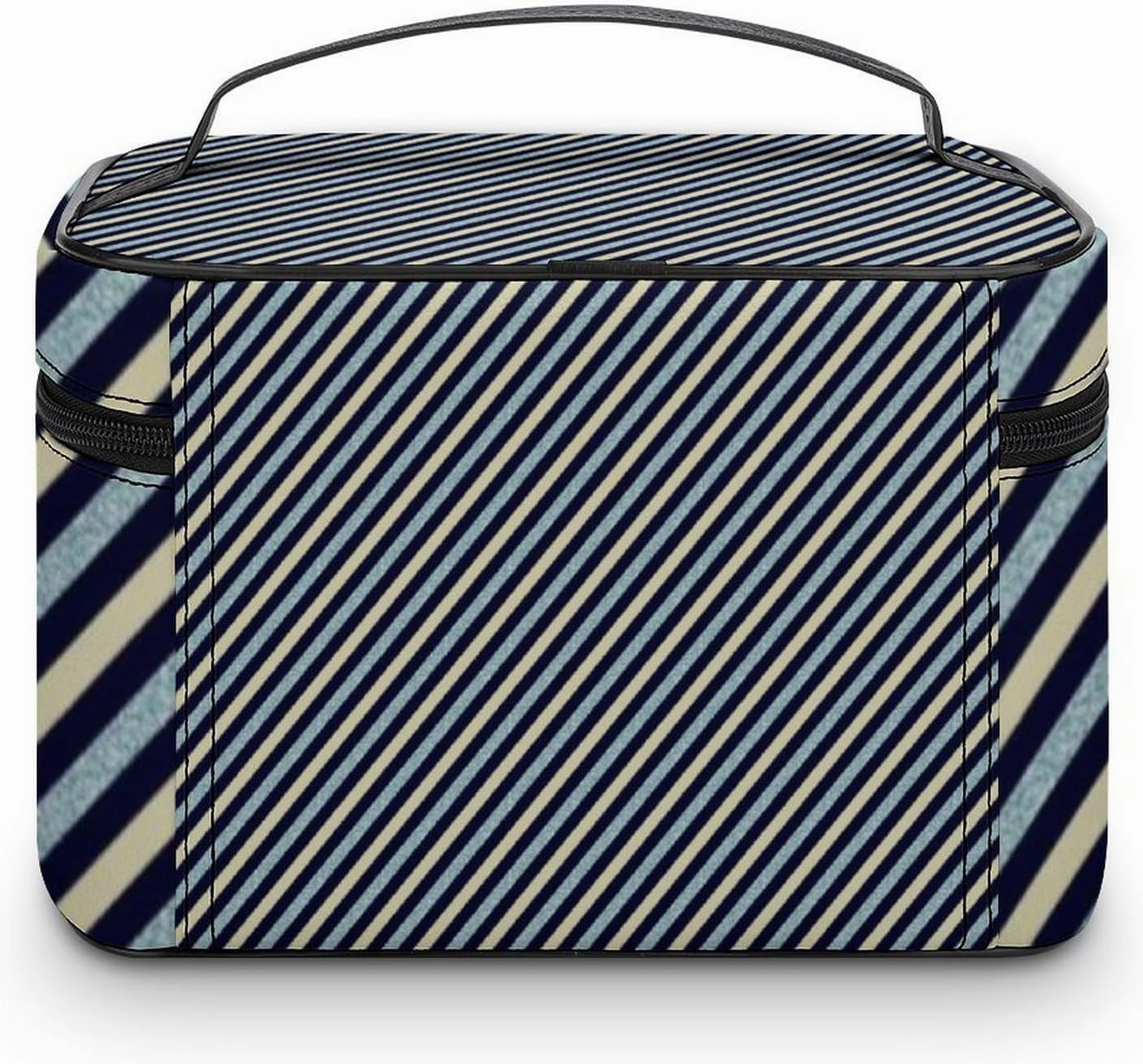 Leather Cosmetic Case, Blue Glitter Stripe Portable Makeup Bag Organizer Large Capacity Travel Toiletry Bag with Zipper