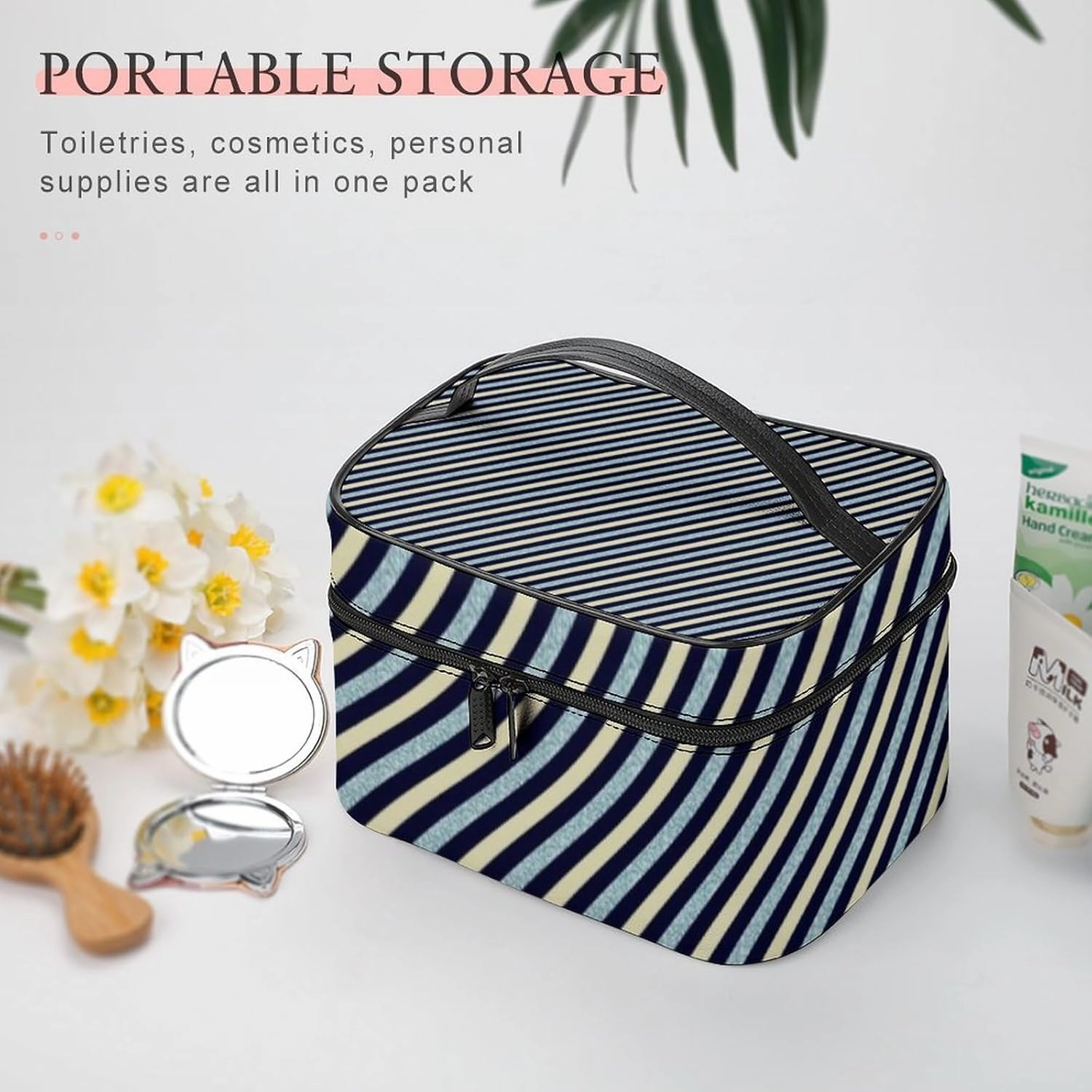 Leather Cosmetic Case, Blue Glitter Stripe Portable Makeup Bag Organizer Large Capacity Travel Toiletry Bag with Zipper