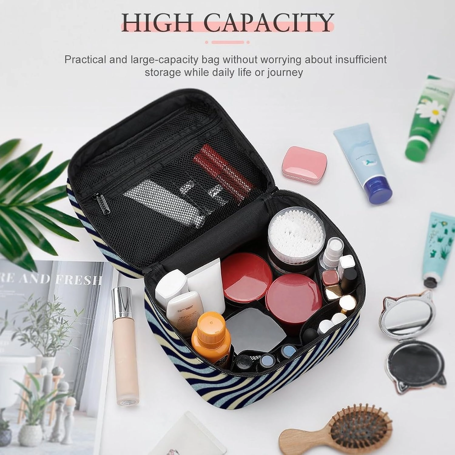 Leather Cosmetic Case, Blue Glitter Stripe Portable Makeup Bag Organizer Large Capacity Travel Toiletry Bag with Zipper