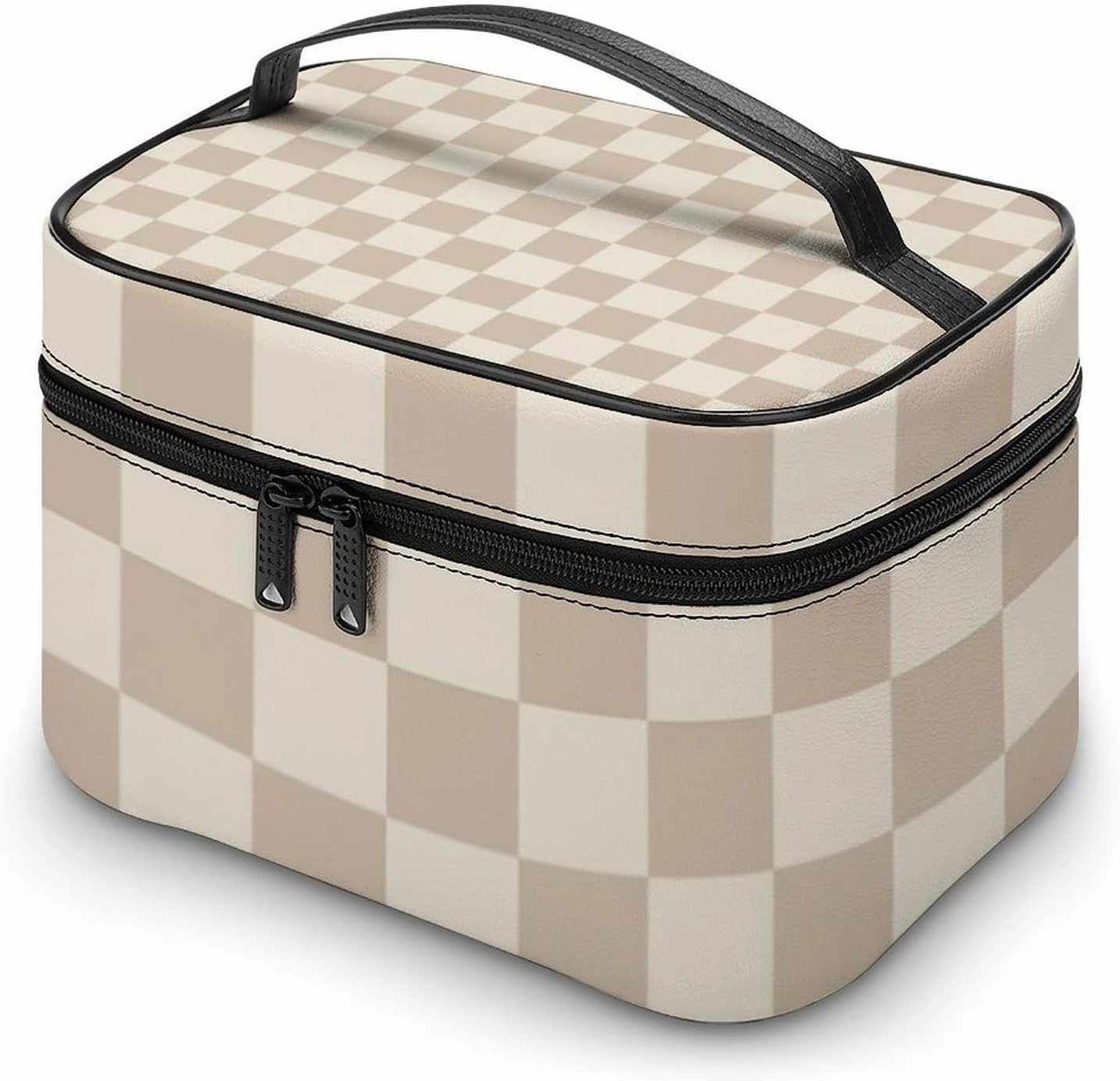 Leather Cosmetic Case, Brown and Beige Checkered Portable Makeup Bag Organizer Large Capacity Travel Toiletry Bag with Zipper