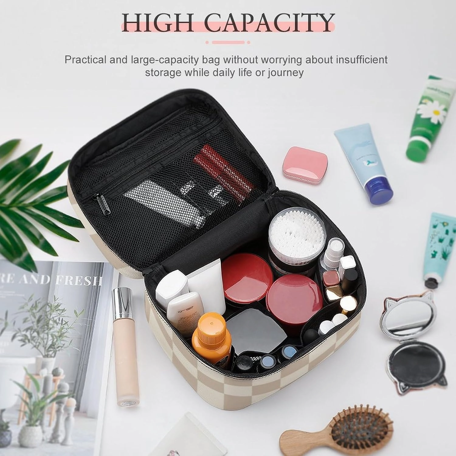 Leather Cosmetic Case, Brown and Beige Checkered Portable Makeup Bag Organizer Large Capacity Travel Toiletry Bag with Zipper