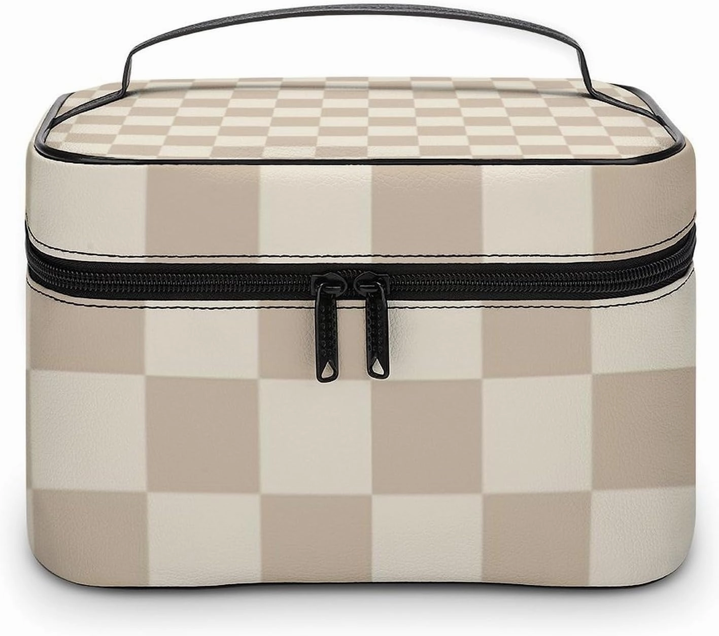 Leather Cosmetic Case, Brown and Beige Checkered Portable Makeup Bag Organizer Large Capacity Travel Toiletry Bag with Zipper