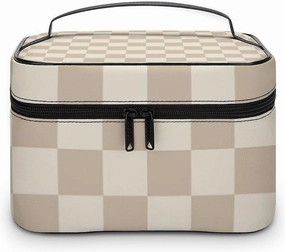 Leather Cosmetic Case, Brown and Beige Checkered Portable Makeup Bag Organizer Large Capacity Travel Toiletry Bag with Zipper