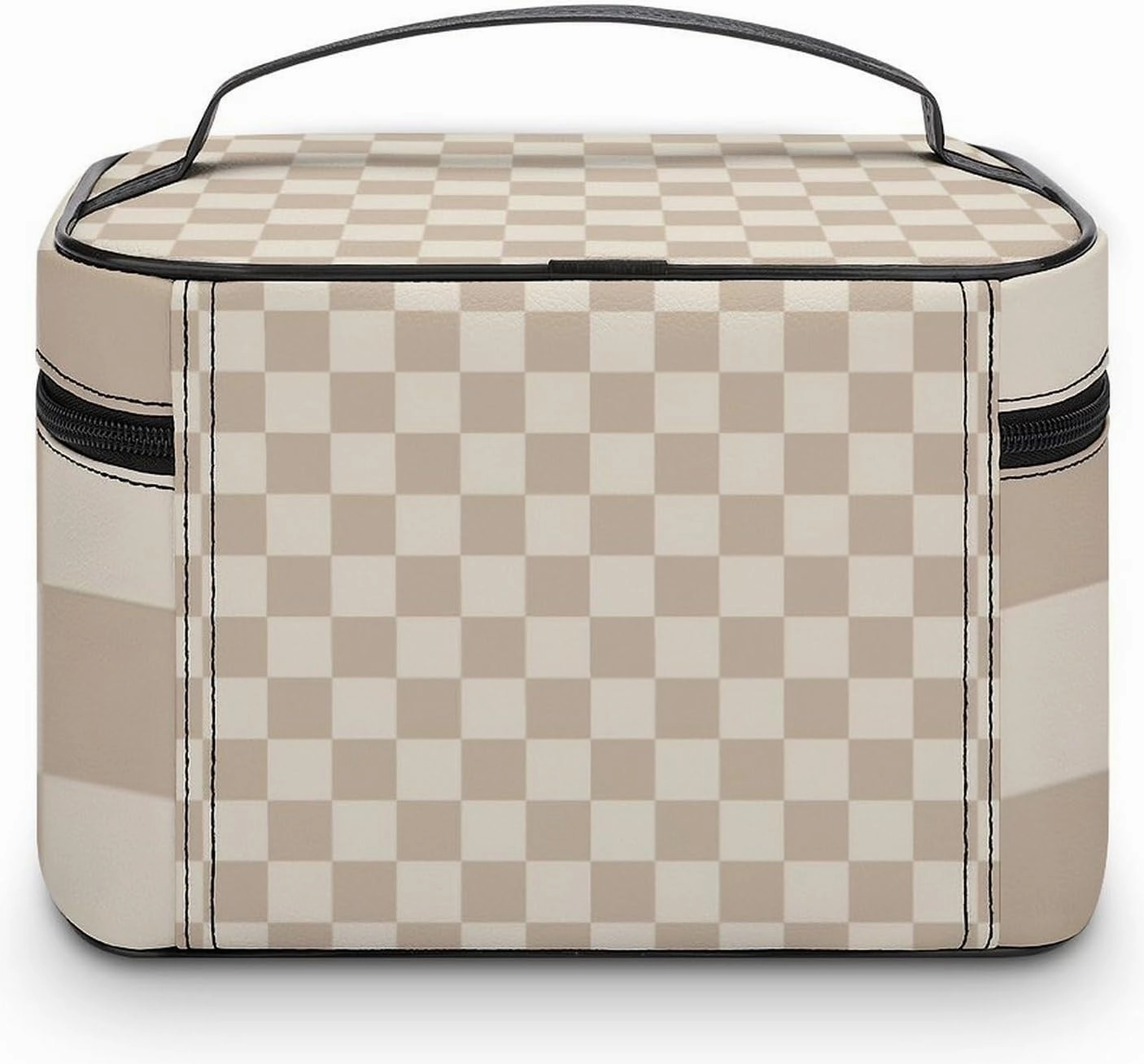 Leather Cosmetic Case, Brown and Beige Checkered Portable Makeup Bag Organizer Large Capacity Travel Toiletry Bag with Zipper