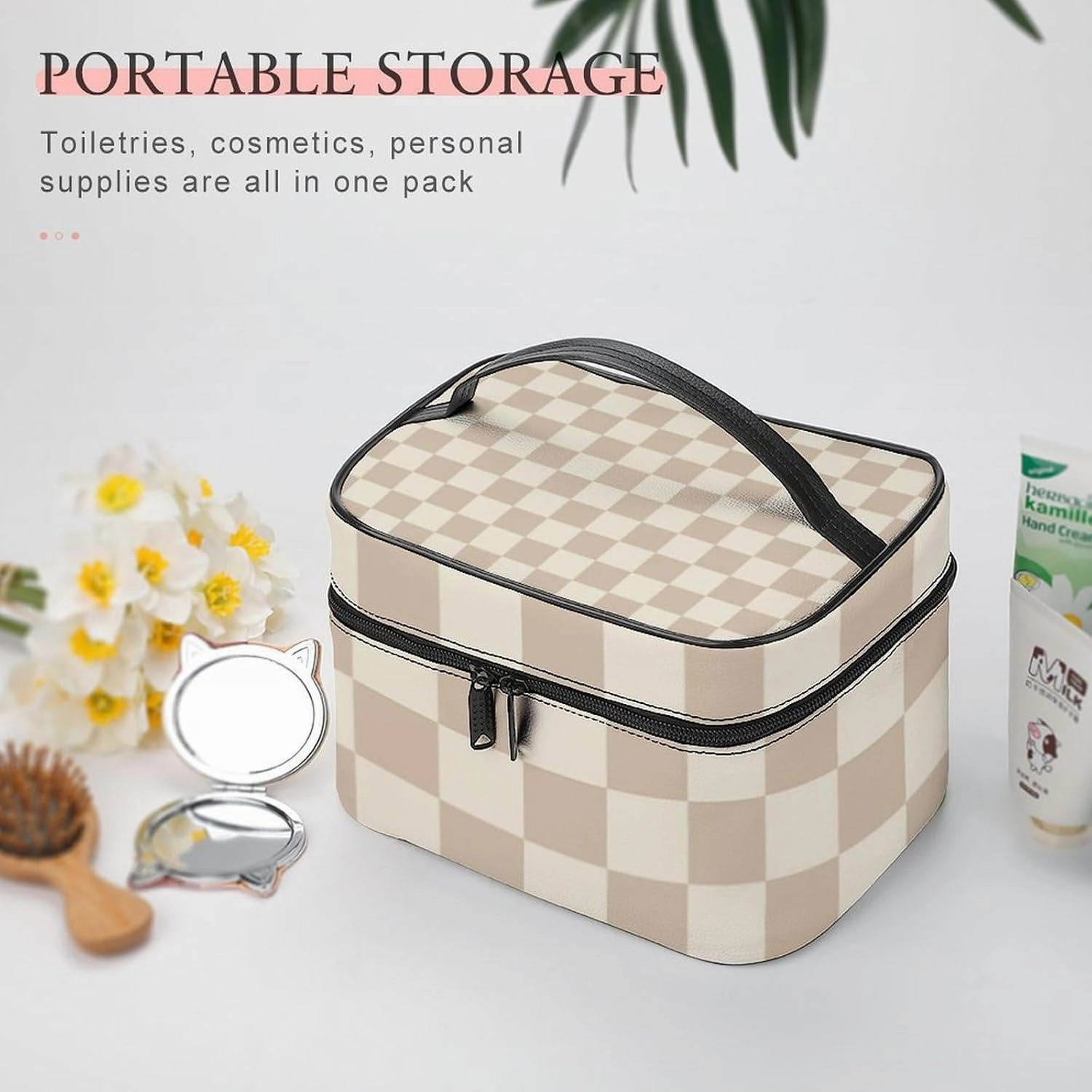 Leather Cosmetic Case, Brown and Beige Checkered Portable Makeup Bag Organizer Large Capacity Travel Toiletry Bag with Zipper