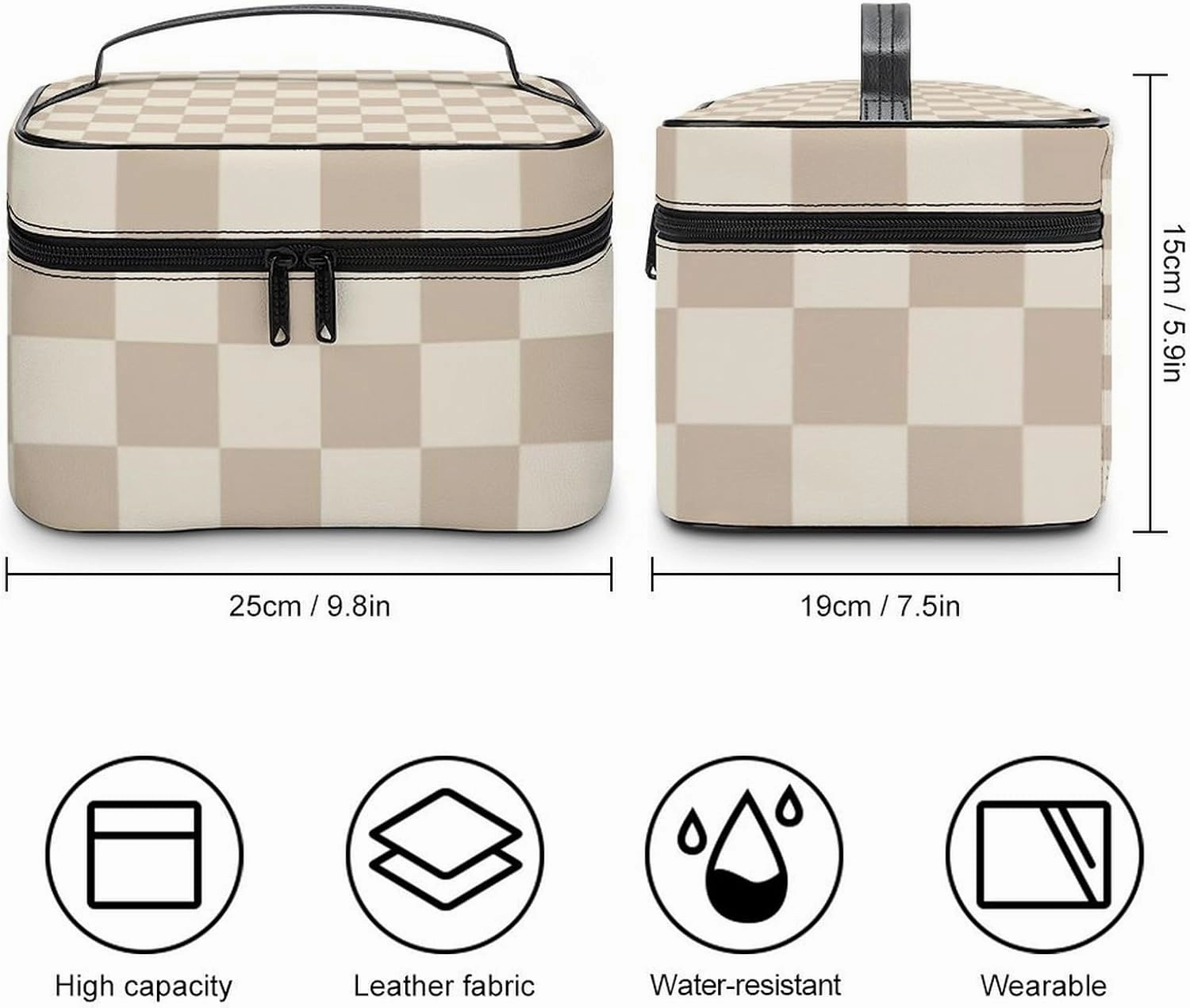 Leather Cosmetic Case, Brown and Beige Checkered Portable Makeup Bag Organizer Large Capacity Travel Toiletry Bag with Zipper