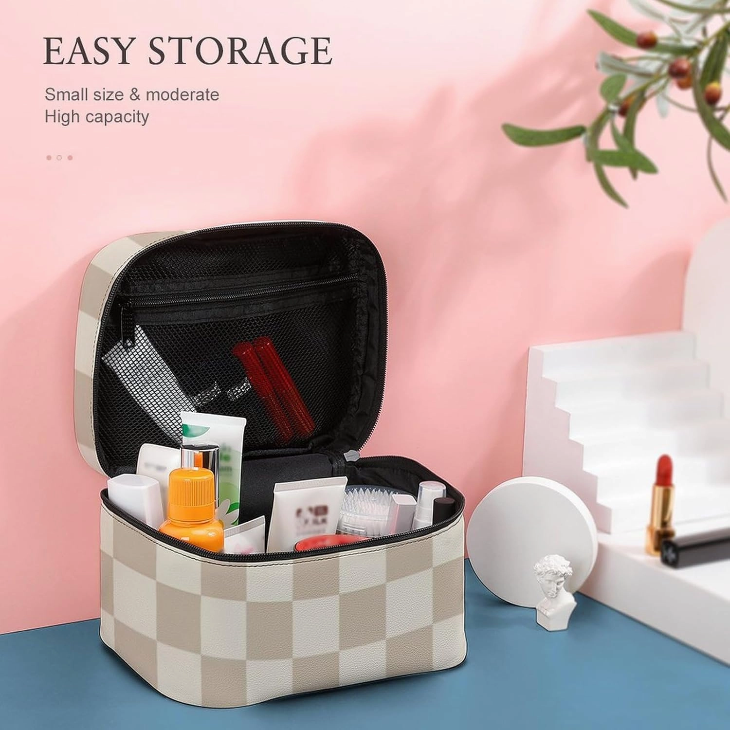 Leather Cosmetic Case, Brown and Beige Checkered Portable Makeup Bag Organizer Large Capacity Travel Toiletry Bag with Zipper