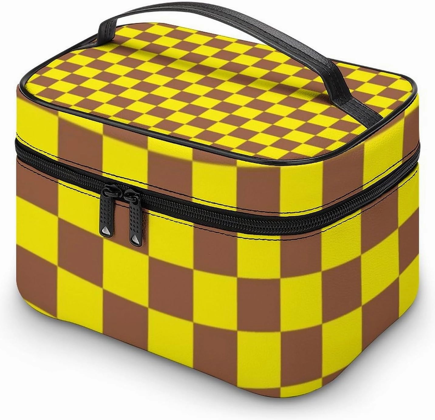 Leather Cosmetic Case, Checkered Brown and Yellow Portable Makeup Bag Organizer Large Capacity Travel Toiletry Bag with Zipper