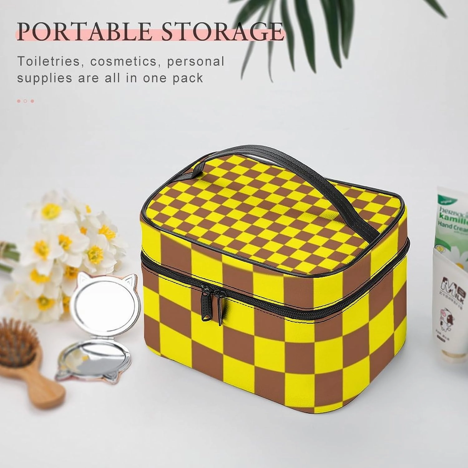 Leather Cosmetic Case, Checkered Brown and Yellow Portable Makeup Bag Organizer Large Capacity Travel Toiletry Bag with Zipper