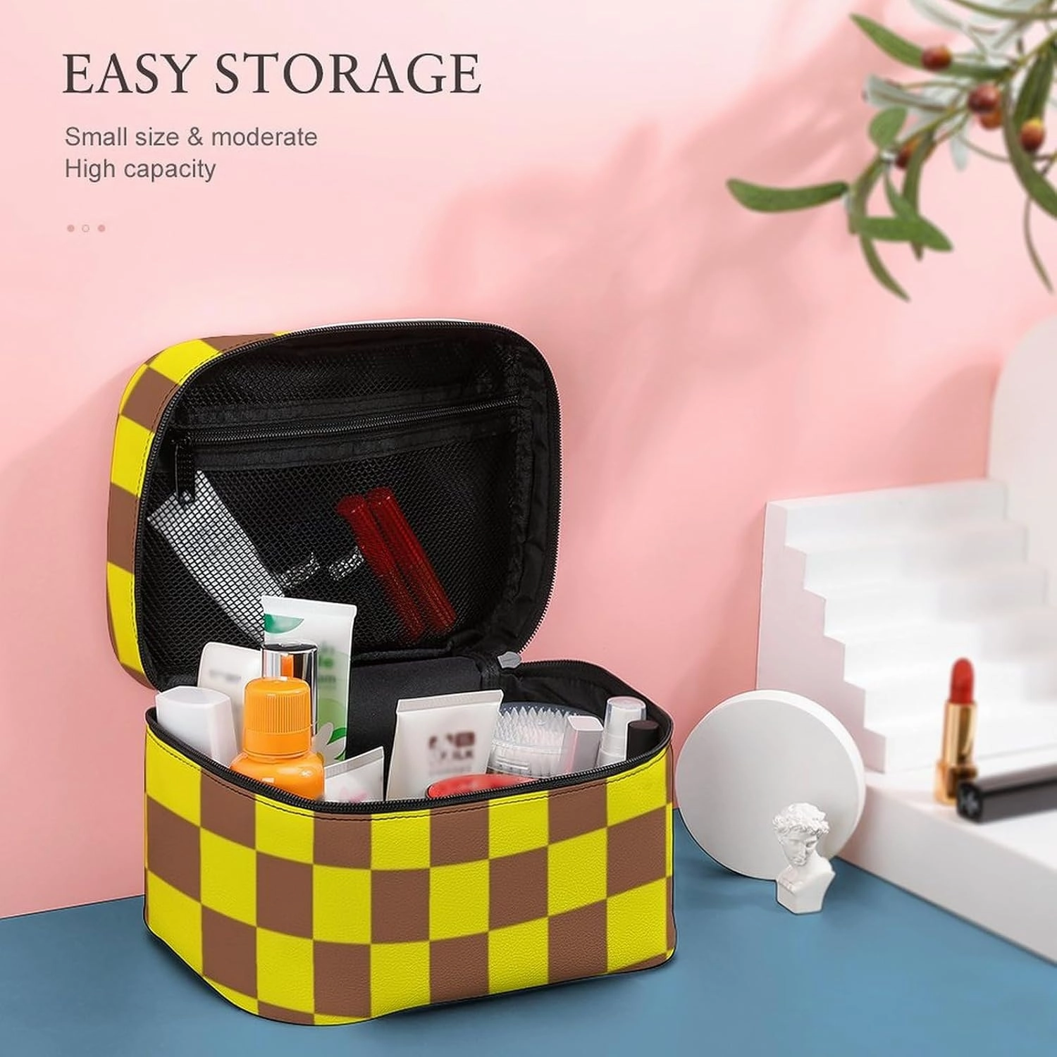 Leather Cosmetic Case, Checkered Brown and Yellow Portable Makeup Bag Organizer Large Capacity Travel Toiletry Bag with Zipper